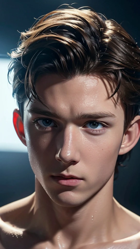 CGI face a photorealistic portrait of tom holland, extremely detailed facial features, beautiful wet face, tousled hair, intense expression, vivid skin texture, dramatic lighting, cinematic composition, high quality, 8k, hyper realistic