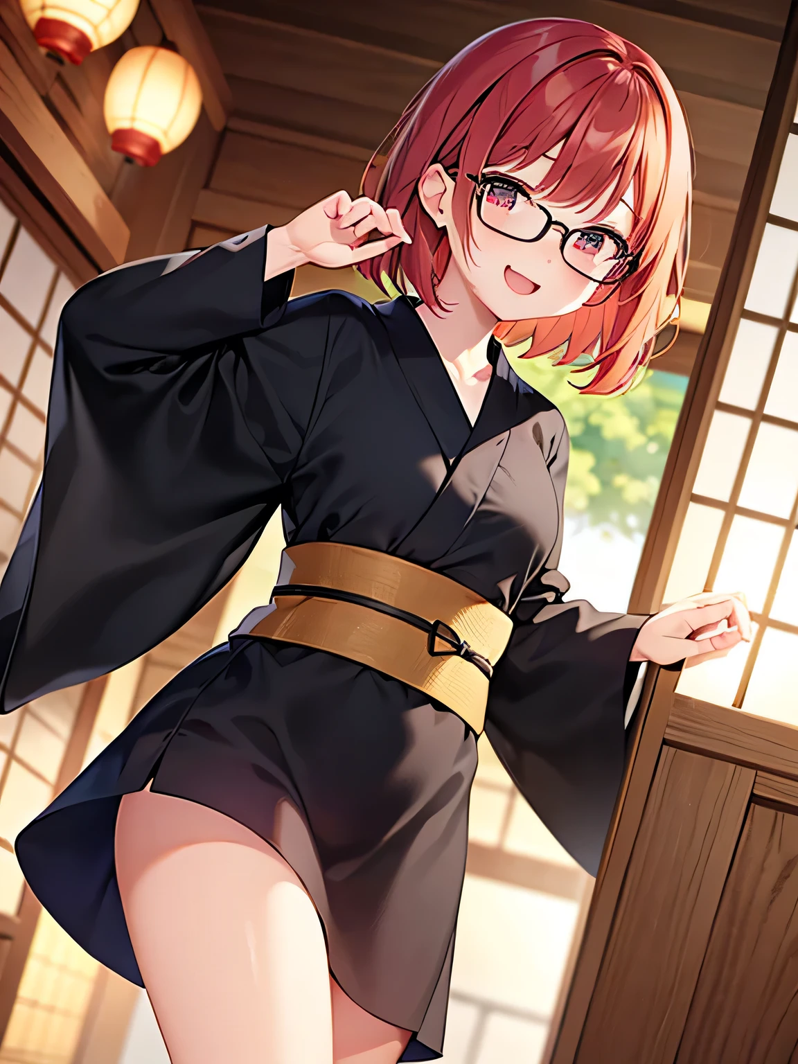 cute、Redhead、short hair、Japanese、Staring at this、Fleeting、masterpiece、Vivid、Black yukata、Laughter、kind、turn around,summer,hair ornaments,Glasses