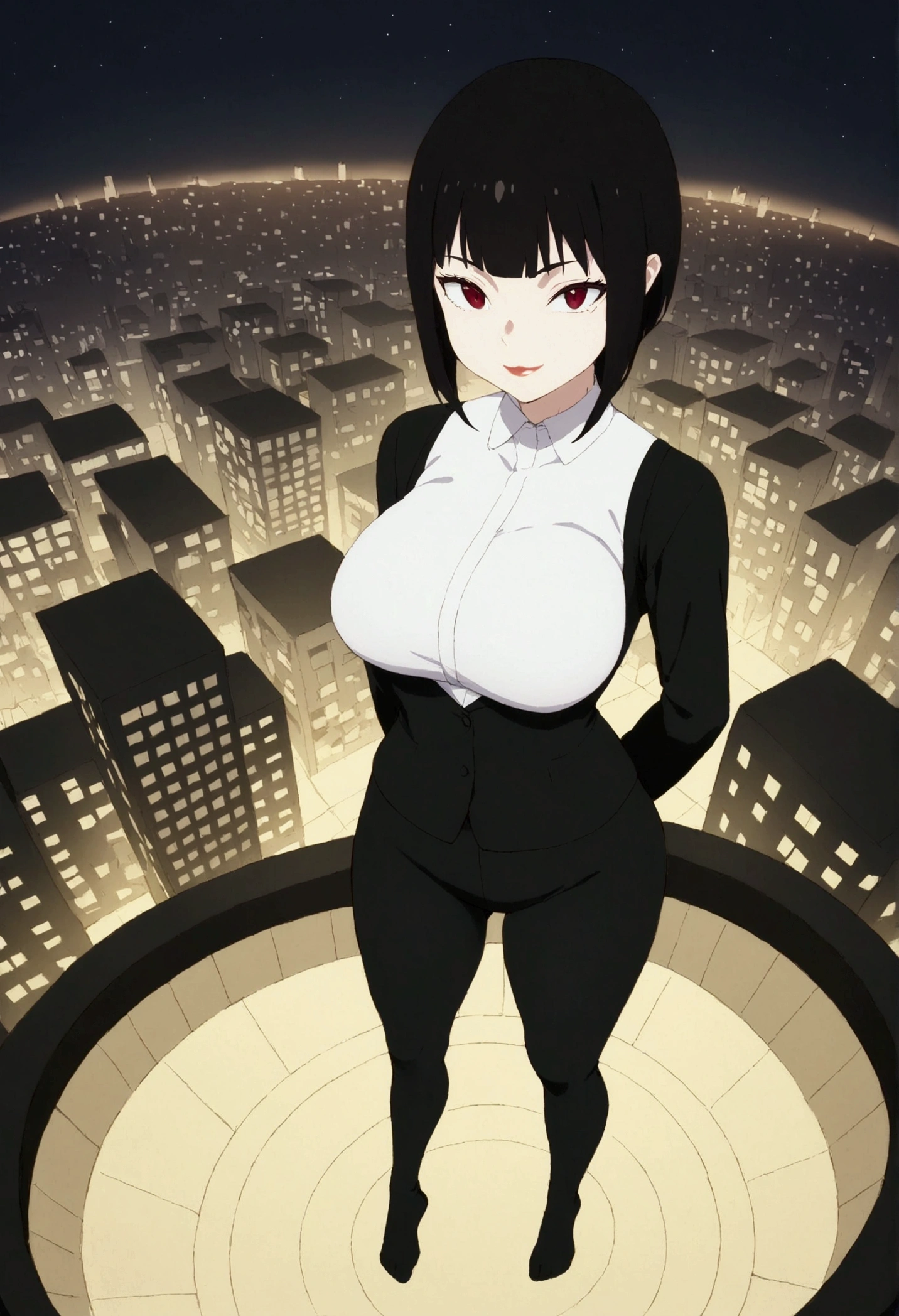 High above, punctuation_7_High above, break(work of art), 1 girl, standing alone, absurderes, high resolution,,pretentious smile ,curve body, Bblack hair ,, Eyes red, Bblack hair, perfect lips, white  shirt,big breasts,leggings preta ,black socks at night,citys
