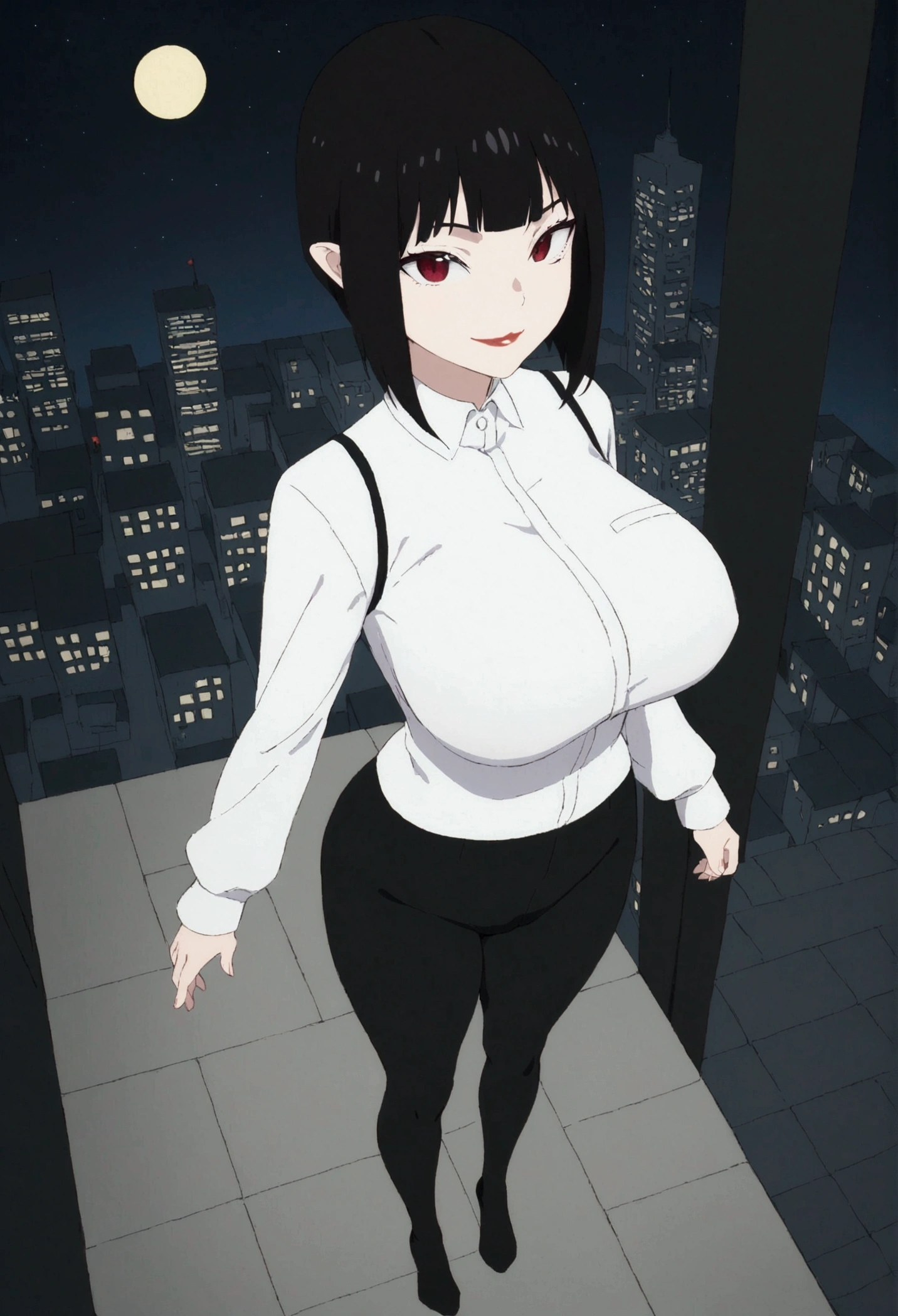 High above, punctuation_7_High above, break(work of art), 1 girl, standing alone, absurderes, high resolution,,pretentious smile ,curve body, Bblack hair ,, Eyes red, Bblack hair, perfect lips, white shirt,big breasts,leggings preta ,black socks at night,citys