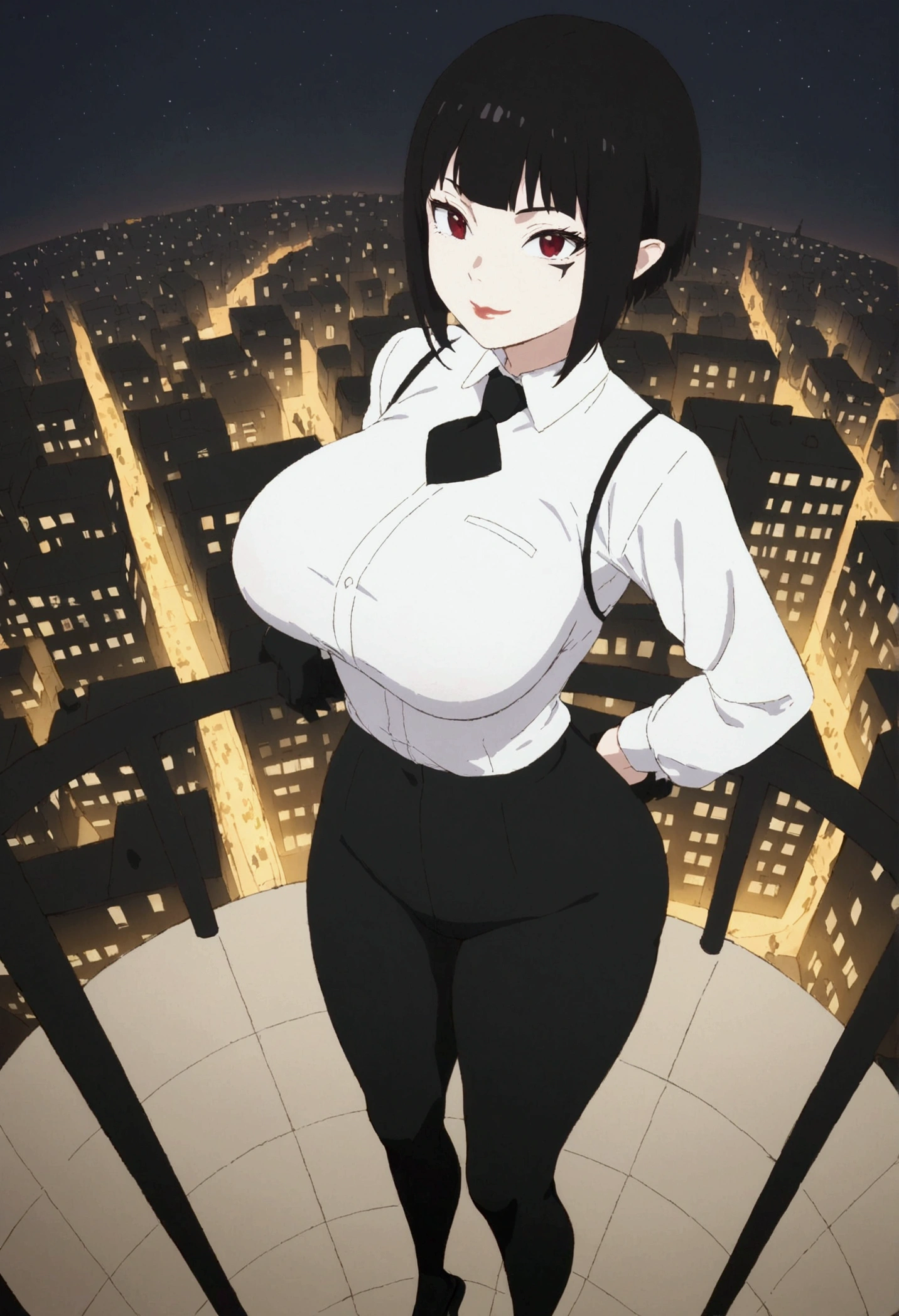 High above, punctuation_7_High above, break(work of art), 1 girl, standing alone, absurderes, high resolution,,pretentious smile ,curve body, Bblack hair ,, Eyes red, Bblack hair, perfect lips, white  shirt,big breasts,leggings preta ,black socks at night,citys
