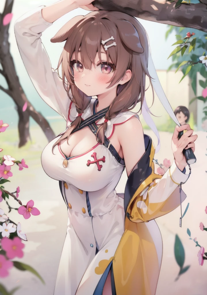 1.5),(girl),(Dynamic pose),Brown Hair,(Vermilion eyes),(first round),Big Breasts,White dress,Yellow coat,Korone