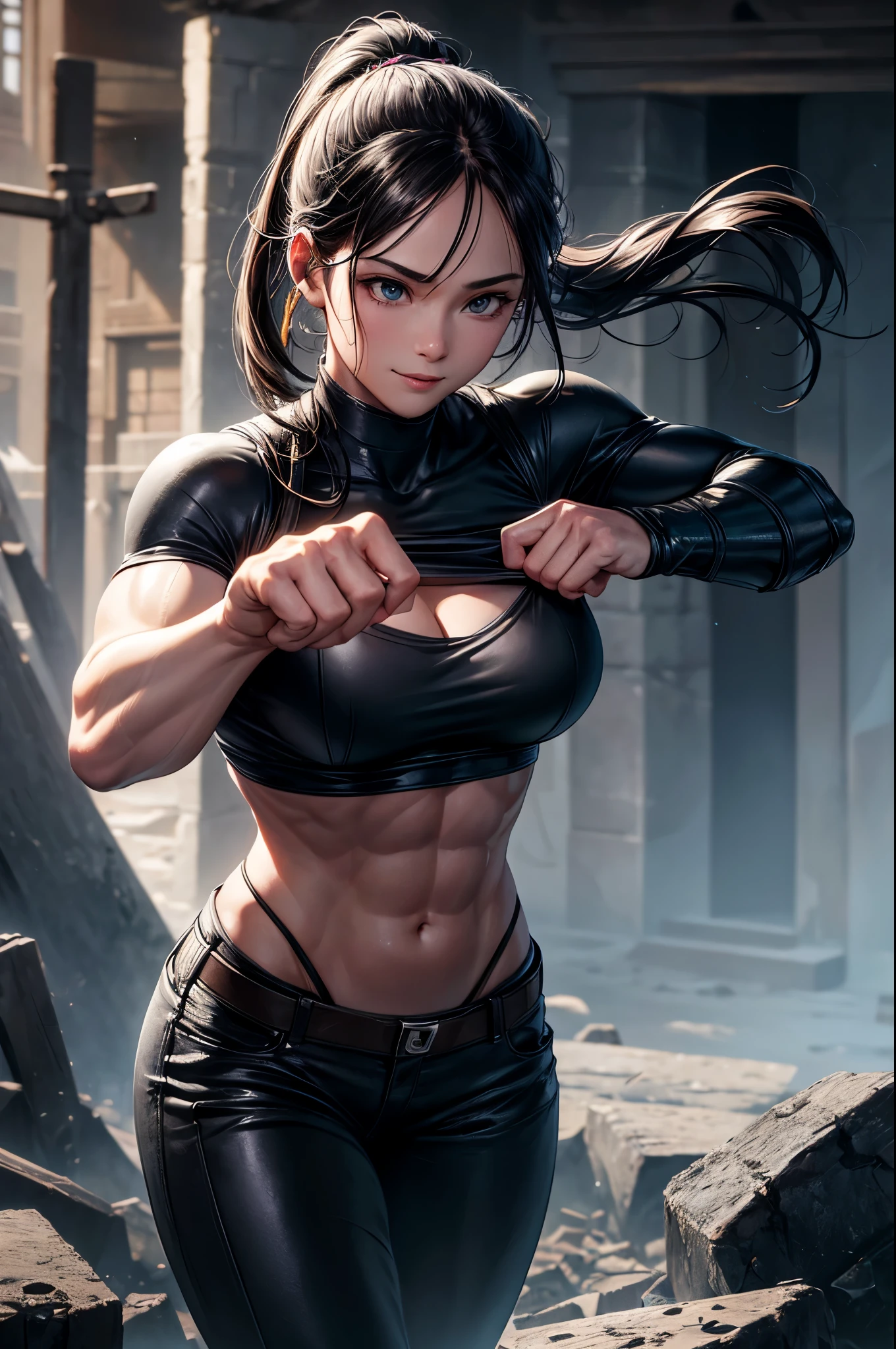 8k,younger sister,so beautiful(Like the real thing),Toned Up, Muscular body,sexy,clear narrow eyes,black eye,Cool smile,Blue combat jacket,Black Shirt,Black combat pants,short,Compensate,Ultra-Realistic Skin,Compensate,masterpiece,Photorealistic RAW photos of the highest quality。Bright colors,Rich colors, Backlight, Cinema Lighting, Film Grain, 50mm lens, Nikon D850,Detailed character art,Fantasy art,Ultra-high resolution,Ultra-Realistic Skin,Perfect hand shape,In front of the abandoned temple,Beautiful expression,close,Very small breasts,Muscular Beauty,Dynamic fighting pose,ponytail,Muscular Beauty,karate,