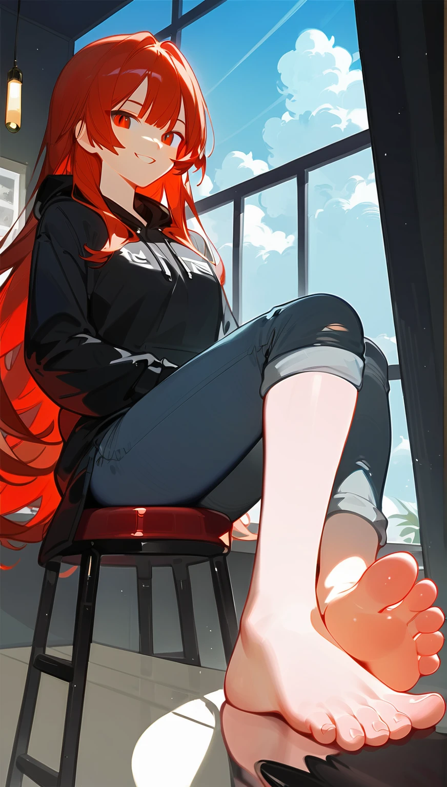 wallpaper,modern style,One sits on a stool,Her foot is on a man's face,A boy lies on the ground,Man in white shirt lying on the ground,Casual casual wear, best quality, Very detailed, masterpiece, Extremely detailed, illustration, Sky,Foot Focus, Smirk, Bangs,齐Bangs,Long hair,Straight Hair,Black Hair, barefoot,
