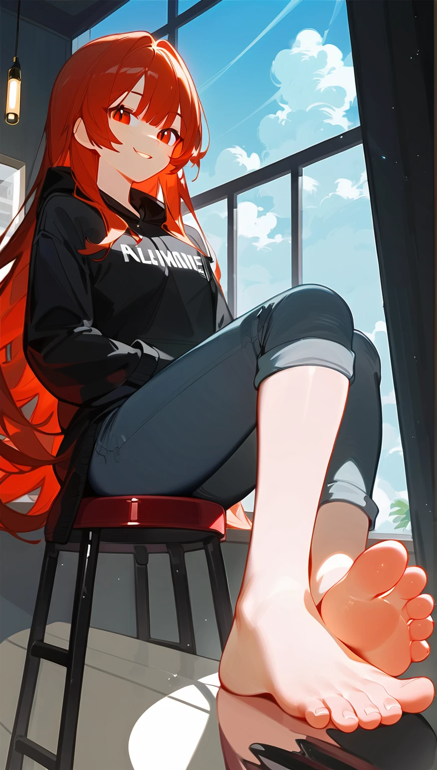 wallpaper,modern style，One sits on a stool，Her foot is on a man&#39;s face，A boy lies on the ground，Man in white shirt lying on the ground，Casual casual wear， best quality, Very detailed, masterpiece, Extremely detailed, illustration, Sky,Foot Focus, Smirk, Bangs，齐Bangs,Long hair，Straight Hair，Black Hair， barefoot，