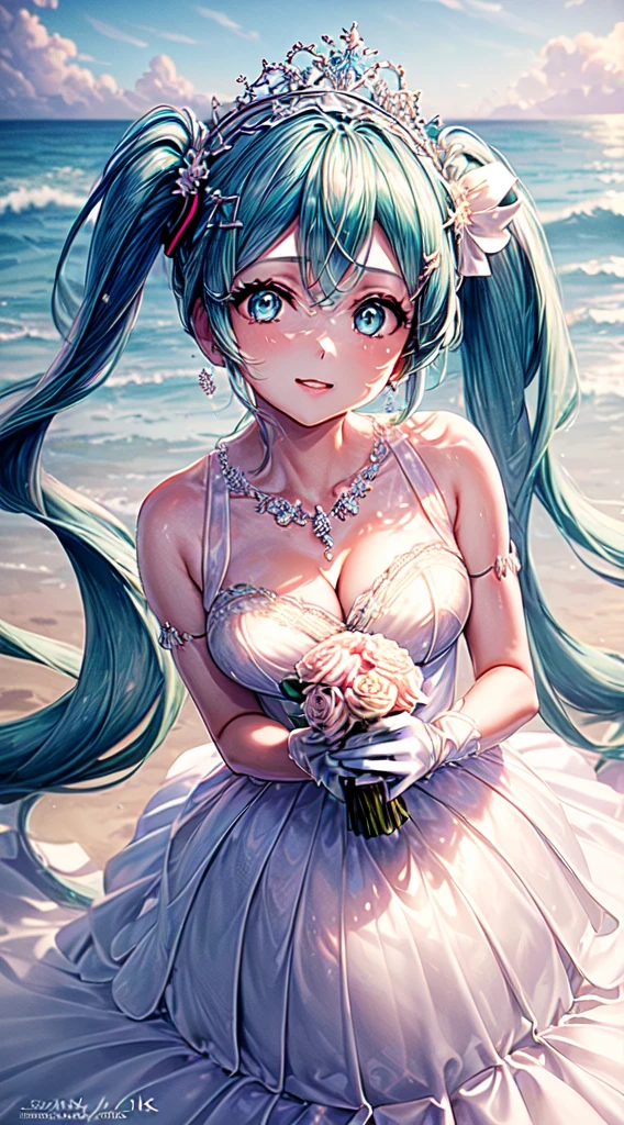 1 adult woman, Hatsune miku modeling at a beach resort setting, adorned in a form fitting satin a line wedding dress Crowning her head is a tiara and a veil while diamond earrings and necklace sparkle in contrast with the white satin of her elbow-length opera gloves, anime 4k, hd, detailed, perfect anatomy, perfect hands, perfect face, twintails, (masterpiece), best quality, expressive eyes, perfect face, holding bouquet
flowers,, (masterpiece, high quality, best quality:1.3)