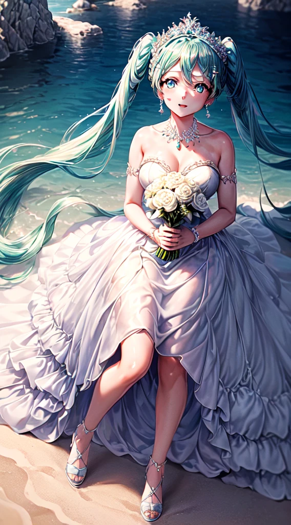 1 adult woman, Hatsune miku modeling at a beach resort setting, adorned in a form fitting satin a line wedding dress  Crowning her head is a tiara and a veil while diamond earrings and necklace sparkle in contrast with the white satin of her elbow-length opera gloves, anime 4k, hd, detailed, perfect ???????, perfect hands, perfect face, twintails, (masterpiece), best quality, expressive eyes, perfect face, holding bouquet 
flowers,, (masterpiece, high quality, best quality:1.3)