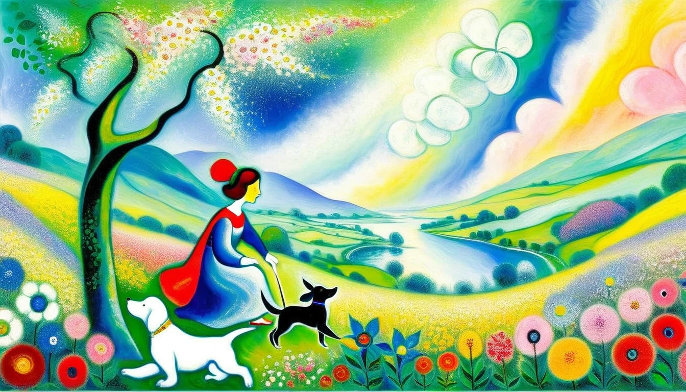 Woman and cute puppy、Enjoying a wonderful spring outing surrounded by beautiful flowers and nature。 ((Marc Chagall style)), The simple art of magic, primitivism, Protogene,((Highest quality, masterpiece)),
(Higher detail), Impressionism:1.1, 8k