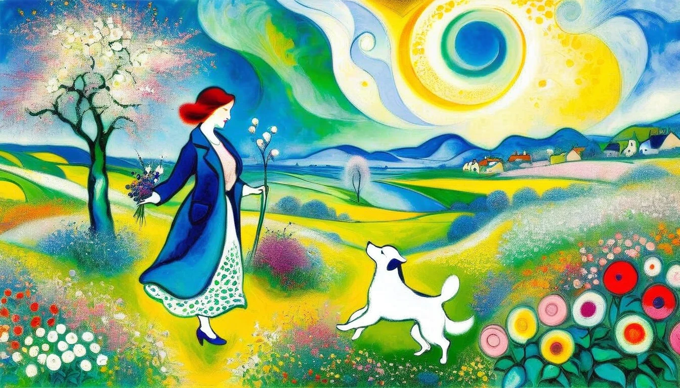 Woman and cute puppy、Enjoying a wonderful spring outing surrounded by beautiful flowers and nature。 ((Marc Chagall style)), The simple art of magic, primitivism, Protogene,((Highest quality, masterpiece)),
(Higher detail), Impressionism:1.1, 8k
