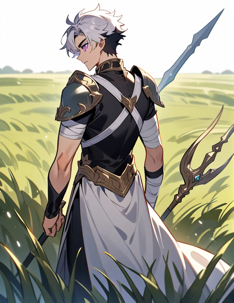 Greek boy with shoulder-length long white hair, violet eyes, one arm covered in bandages, silver shoulder pads and walking in a field of grass, with a spear stuck in his back