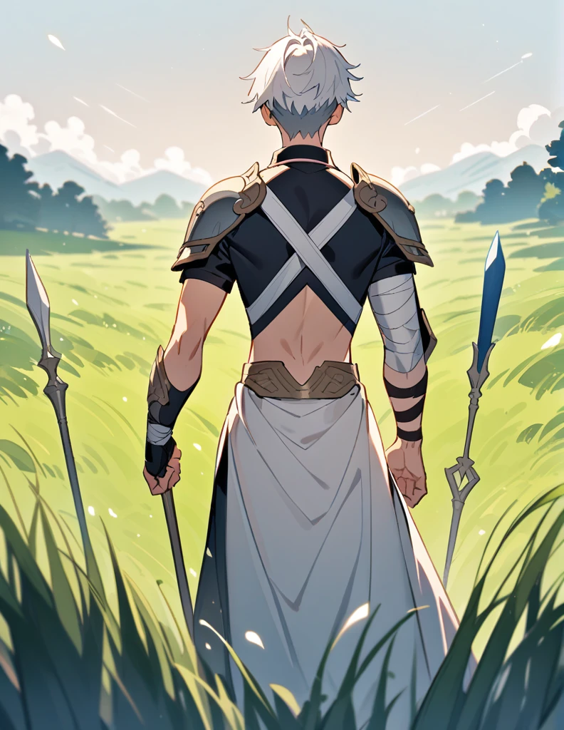 Greek boy with shoulder-length long white hair, violet eyes, one arm covered in bandages, silver shoulder pads and walking in a field of grass, with a spear stuck in his back
