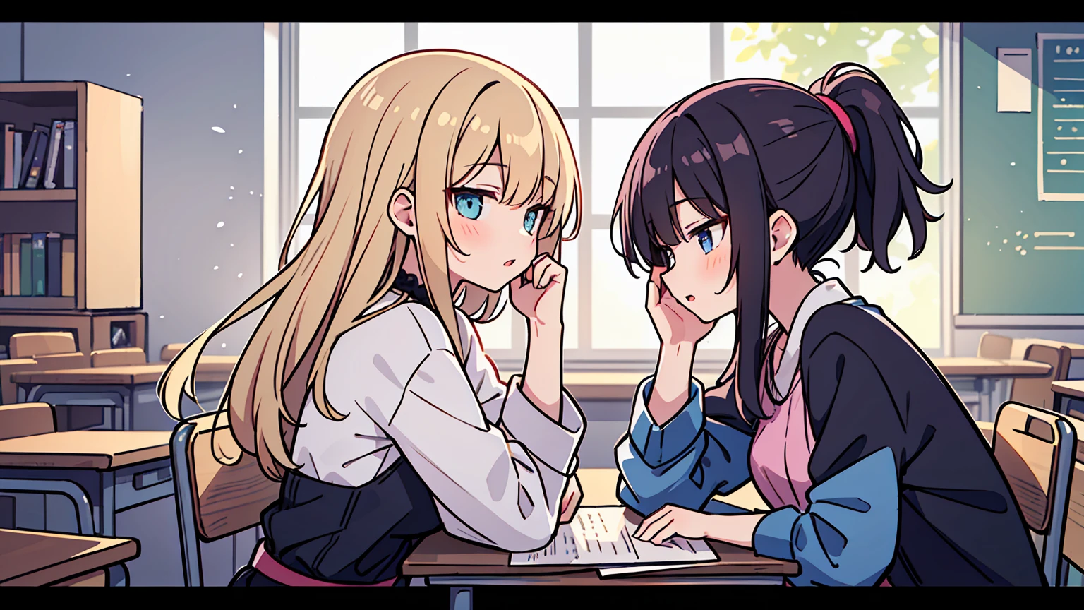 (masterpiece, best quality),Women with different faces and hairstyles, different hair colors, different faces, ponytail, letterboxed, perfection of fashion,chapped lips, casual attire, upper body, from the side,University Classroom, The interior has a modern design,study at the table, eyes look at the note, together, stylish outfit,