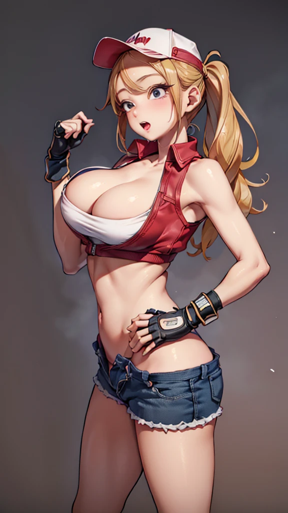 MangabiRumiko), (masterpiece), best quality, expressive eyes, perfect face, highres, (8k), (perfect face), (ultra details), 1 girl, solo, large breasts, terry bogard girl, blonde hair, twintails, gray eyes, long hair, baseball cap, fingerless gloves, denim shorts, shoes, blushing, frightened, anguished, open-mouthed, room background, no posing, standing, portrait, looking herself