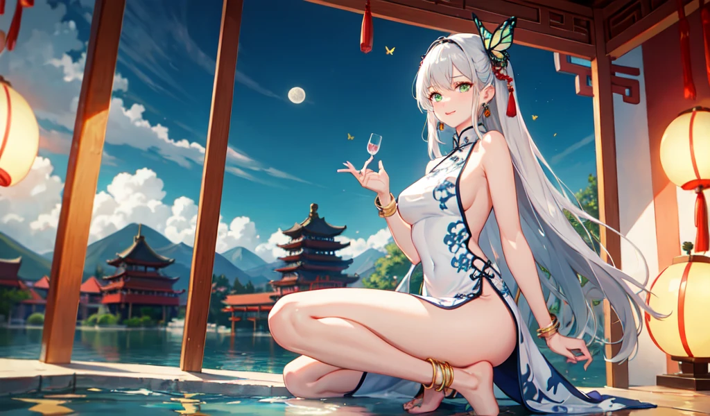 Highest quality, 8k, (Wide-angle lens),1 girl, (Mile Edelfelt),,Long silver hair,Emerald green eyes,Captivating smile, barefoot, China dress, butterfly, butterfly hair accessory, backless dress, Chinese Language Services, 2倍good,Golden dragon pattern,barefoot,full moon,Elbow Bag,good, hair accessory,jewelry,Earrings,Beaded anklet,Thin legs,Manicure, Mid-chest, alone, それからManicure, Outdoor,Chinese style architecture, Chinese style, lake, Ancient Town, Beautiful and elaborate water,Red Lantern,Model pose