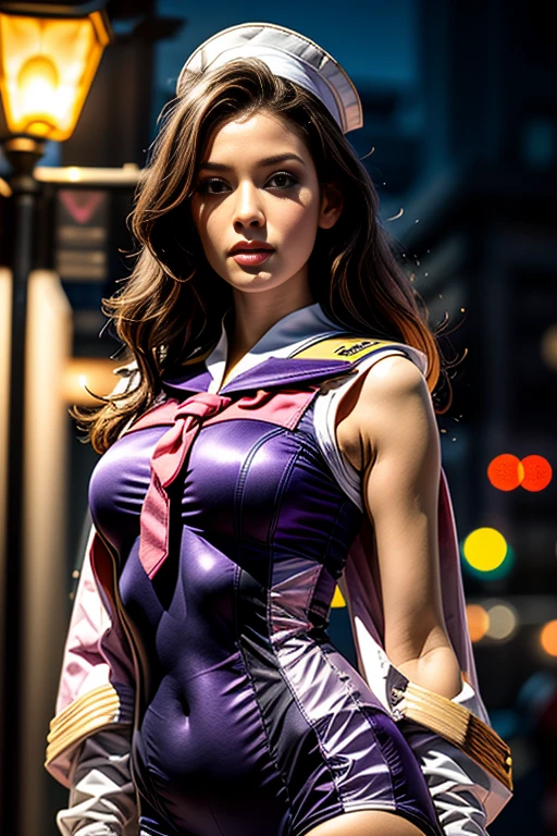 "Show Vex from League of Legends by Riot Games, in her Star Guardian skin, with magical girl-themed attire and a glowing staff, featuring a whimsical, yet gloomy design, having massive k-cups:1.55. She's in a vibrant cityscape with shooting stars and sparkling lights, in an attractive pose, casting her shadow over the cheerful scene."