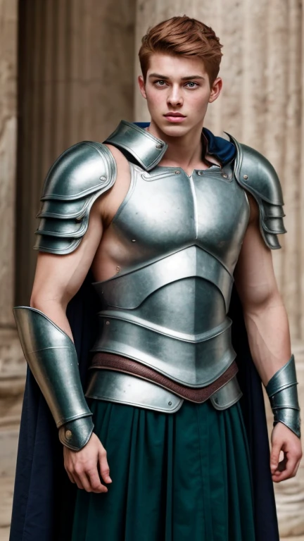 Portrait, 1boy, 20 years old, armor, warrior, bbreastplate armor, cape, armor shoulder pads, beuatiful armor, roman warrior skirt, ancient Rome, handsome, Greek model, ginger boy, readhead, red-hair, albino, pale skin, green eyes, symmetrical, focus on the boy, medium shot, looking at the camera, film grain, young god greek, beauty, pose, super model, warrioir, young god greek beauty, representation of a Greek god, glorious, majestic, supreme, nature, artistic portrait, artistic pose, photography award, realistic