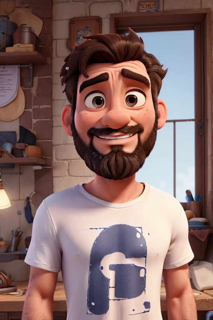 Man 38 years old, skin fair, Patchy Beard, Messy hair,
with white t-shirt without prints, jeans with a small tear, black sneakers, disney pixar 3d style, 16K