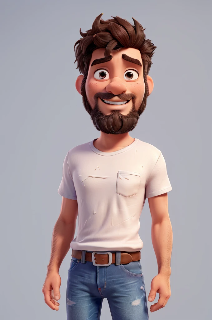 Man 38 years old, skin fair, Patchy Beard, Messy hair,
with white t-shirt without prints, jeans with a small tear, black sneakers, disney pixar 3d style, 16K