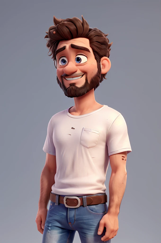 Man 38 years old, skin fair, Patchy Beard, Messy hair,
with white t-shirt without prints, jeans with a small tear, black sneakers, disney pixar 3d style, 16K