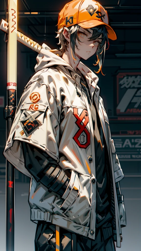 Holding a baseball bat, Alley, Condescending Gaze, builtupnecklinehoodie, look down, Glare, baseball bat, swing a baseball bat, baseball bat, cinematic lighting, UHD, best quality, highres, 8k