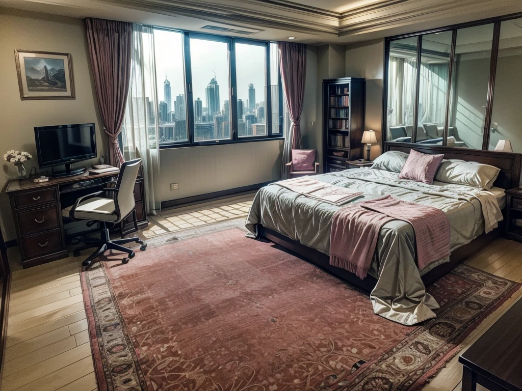 8KHD,9:16 vertical pictures,vertical picture,Glass House,Glass House,超大Floor-to-ceiling windows,There is a pink bed in the room,curtain,TV set,bookshelf。The wall is glass window, 房间里最重要的是有big bed,8K picture quality,Best quality,masterpiece,HD,Super rich detail,detailed,Comfortable bedroom,Large Windows,Floor-to-ceiling windows,big bed,There are pillows on the bed,Quilt,Essas roupas,notebook,There is a cabinet next to it,There are bookcases,There is a table,There are chairs,There are flowers,There is a wardrobe,有一个big bed,There are carpets,There are many books,Overall very comfortable,extremely clean,very useful,Large Windows,The scenery outside the window,There is a villa garden outside the window,City skyscrapers