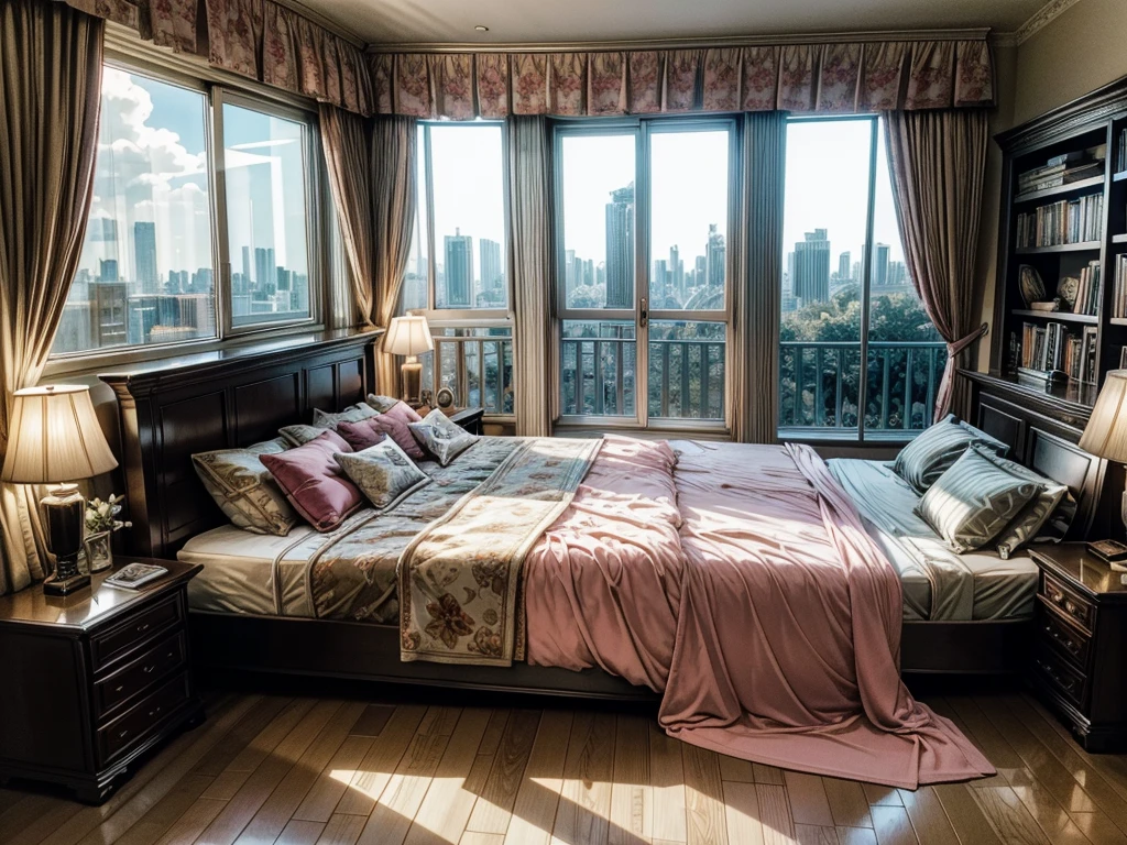 8KHD,9:16 vertical pictures,vertical picture,Glass House,Glass House,超大Floor-to-ceiling windows,There is a pink bed in the room,curtain,TV set,bookshelf。The wall is glass window, 房间里最重要的是有big bed,8K picture quality,Best quality,masterpiece,HD,Super rich detail,detailed,Comfortable bedroom,Large Windows,Floor-to-ceiling windows,big bed,There are pillows on the bed,Quilt,Essas roupas,notebook,There is a cabinet next to it,There are bookcases,There is a table,There are chairs,There are flowers,There is a wardrobe,有一个big bed,There are carpets,There are many books,Overall very comfortable,extremely clean,very useful,Large Windows,The scenery outside the window,There is a villa garden outside the window,City skyscrapers