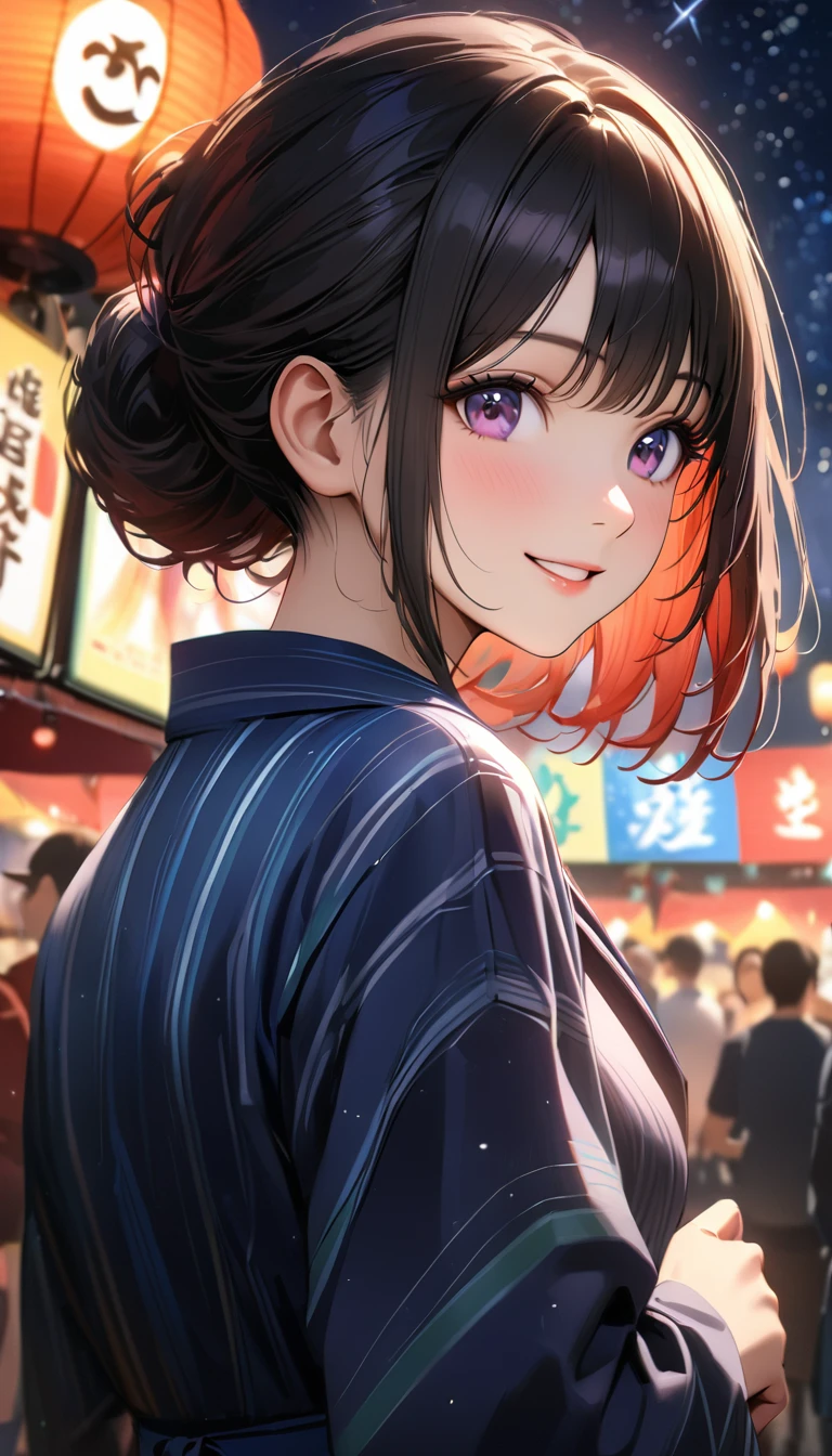 Young woman enjoying the summer festival,night, Starry Sky,Cute Yukata,Gazing at the sky,Blur the background,high school girl,smile,Highest quality, 8k, High resolution, masterpiece:1.2, Very detailed, Realistic:1.37, High resolution, 超High resolution, Ultra-fine painting, Very detailed, Professional, Vibrant colors