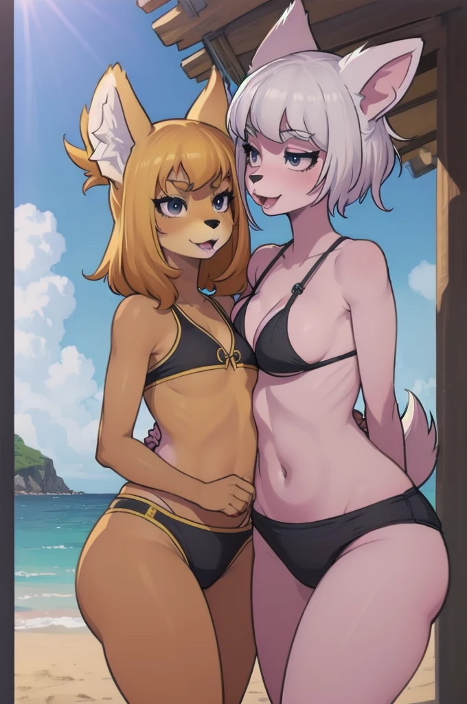 Hot friends of different ethnicities, (furry girls:1.2), fluffy tail, snout, paws, at the beach, very diverse appearances, cute swimwear, sunny day, having fun, sexy