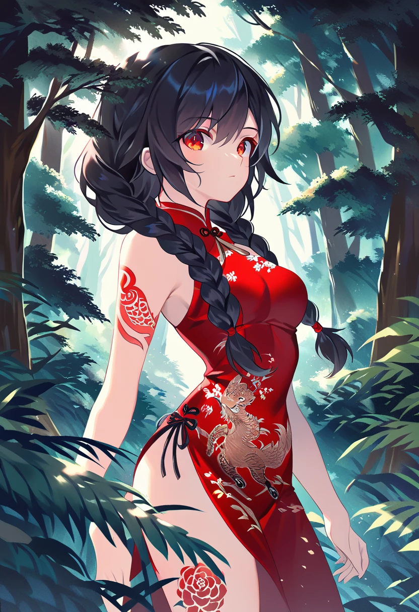 BREAK Perfect Anatomy、(High resolution:1.2)、Incredible illustrations、(Cute illustrations:1.2)、() （Beautiful background(forest)) 1 girl(Black hair, long hair, single braid, red eyes,tattoos, )(young adult woman:2.0)long ruffled cheongsam dress