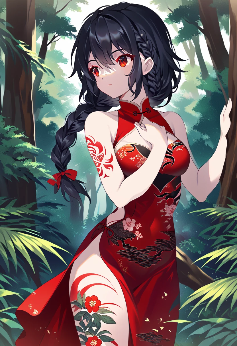 BREAK Perfect Anatomy、(High resolution:1.2)、Incredible illustrations、(Cute illustrations:1.2)、() （Beautiful background(forest)) 1 girl(Black hair, long hair, single braid, red eyes,tattoos, )(young adult woman:2.0)long ruffled cheongsam dress