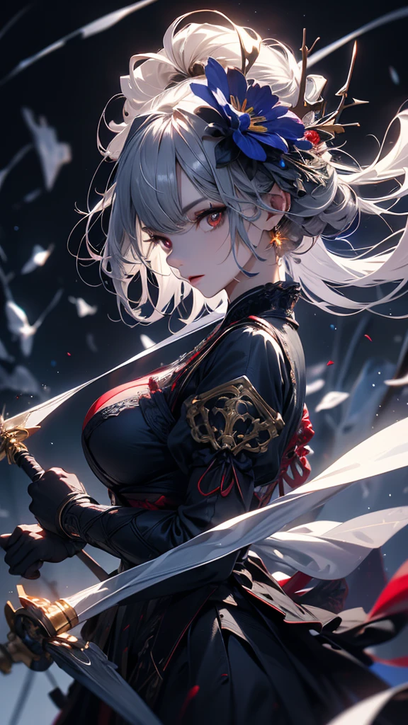 masterpiece, high quality, 4K, Beautiful design, silhouette,Gray Hair, 非常に詳細な夜のStarry Sky,Flower Field, wonderful, Finer details, Very knowledgeable woman, Highly detailed solo, 1 female,Red eyes,Big Breasts,Blue Gothic Lolita Fashion,Night view,Starry Sky,Red full moon,