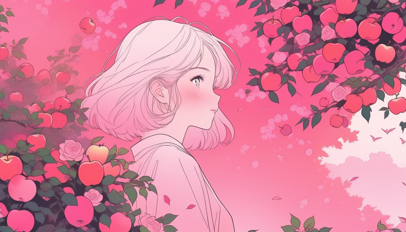 ilustrador, Japanese cartoons , Practical ,sketch , 1 Boy, ,lips, Order, pink gradient background, There are many apples on the rose trees around,Neon hair,Texture cropping, Canada, (In the flowers,best quality),16:9 Landscape screen,