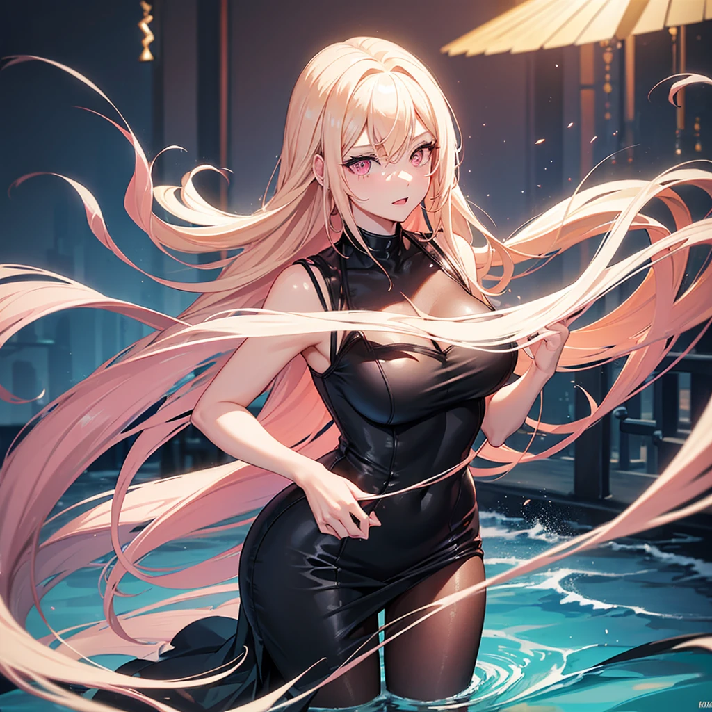 (((Adult woman))), pink eyes, long blonde hair, black sexy dress, water