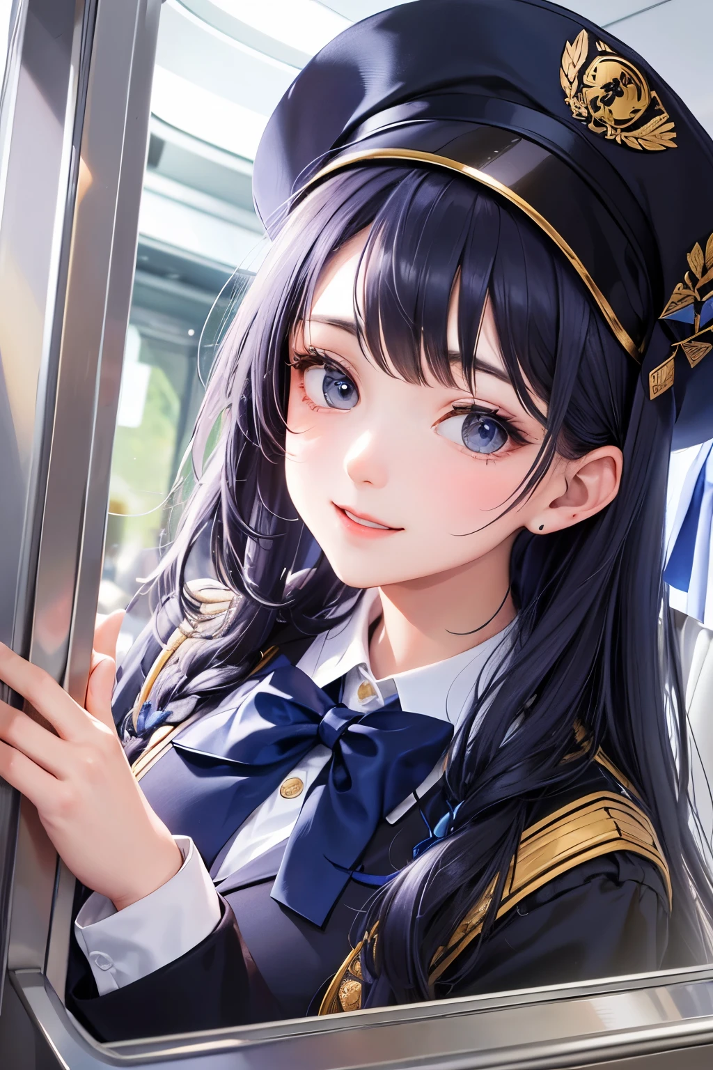 Create an illustration of a cabin attendant with long hair, big eyes, and a friendly smile. The attendant is wearing a navy blue uniform with white accents, including a white blouse and a bow tie. The uniform has gold buttons and the attendant is wearing a matching navy blue cap with gold detailing. The background should be the interior of an airplane cabin, with visible seats, windows, and overhead compartments, suggesting the attendant is in their work environment.
