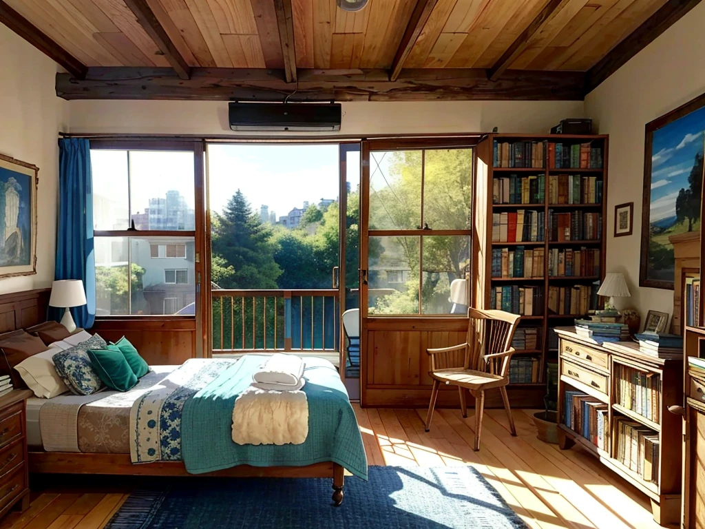 8K picture quality,Best quality,masterpiece,HD,Super rich detail,detailed,Comfortable bedroom,Large Windows,Floor-to-ceiling windows,big bed,There are pillows on the bed,Quilt,Essas roupas,notebook,There is a cabinet next to it,There are bookcases,There is a table,There are chairs,There are flowers,There is a wardrobe,There was a sofa,There are carpets,There are many books,Overall very comfortable,extremely clean,very useful,Large Windows,The scenery outside the window,There are various other flowers,and vegetable garden,There are a variety of vegetables inside,超HD真实感,Live photos,The overall color is mainly blue-green,Strong realism