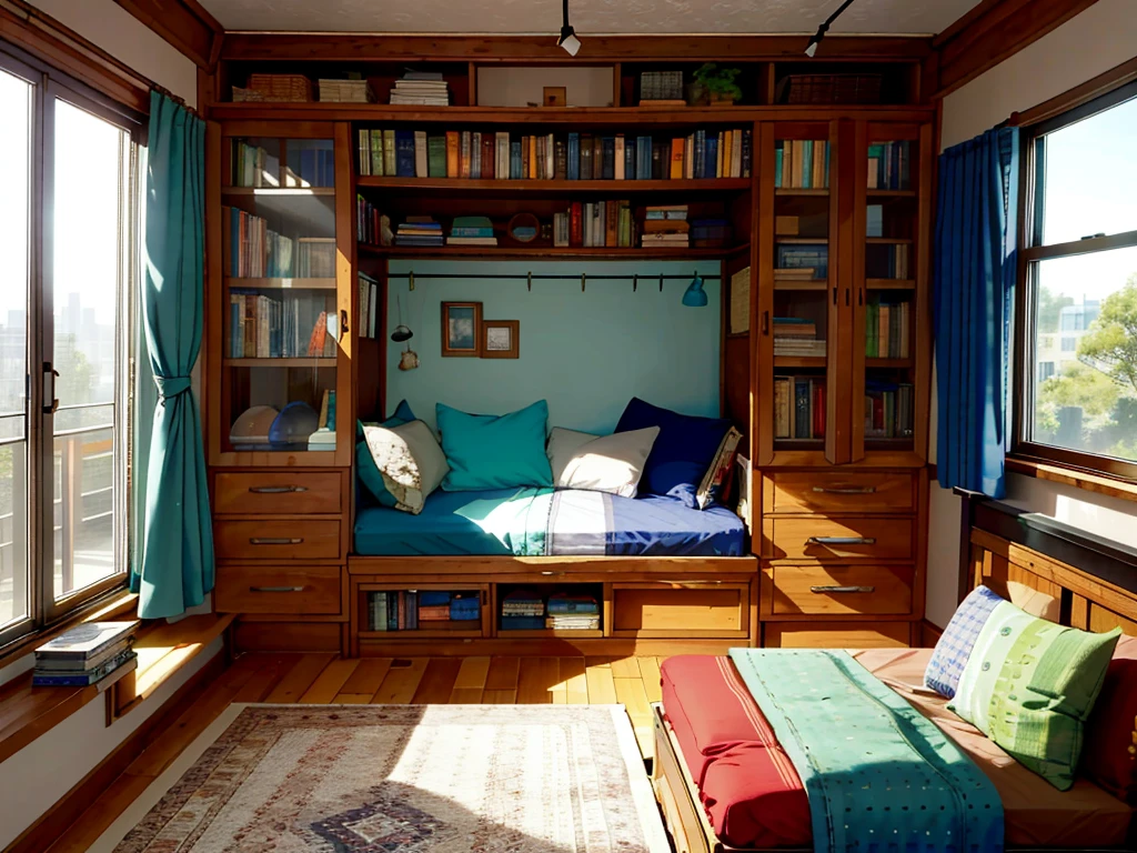 8K picture quality,Best quality,masterpiece,HD,Super rich detail,detailed,Comfortable bedroom,Large Windows,Floor-to-ceiling windows,big bed,There are pillows on the bed,Quilt,Essas roupas,notebook,There is a cabinet next to it,There are bookcases,There is a table,There are chairs,There are flowers,There is a wardrobe,There was a sofa,There are carpets,There are many books,Overall very comfortable,extremely clean,very useful,Large Windows,The scenery outside the window,There are various other flowers,and vegetable garden,There are a variety of vegetables inside,超HD真实感,Live photos,The overall color is mainly blue-green,Strong realism