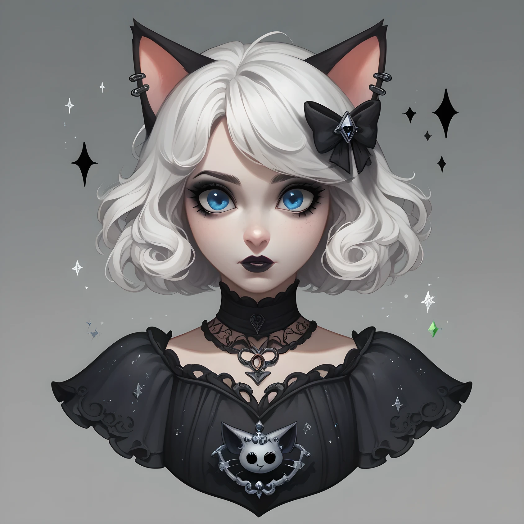 score_9,score_8_up,score_7_up,score_6_up, cute cat, white hair, blue eyes, Goth fashion, gothic scene, glitter, whimsical, enchanted, magical, fantasy art concept, intricate details,