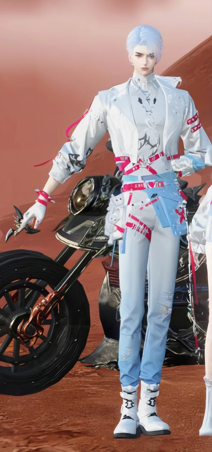 A man and a woman are standing next to a motorcycle, Mechanical punk outfit, Crazy details, Chrome equipment, Off-white plated armor, Close-up details, Lustrous white armor, Genshin Impact Style, Moon Themed Clothing, Incredibly clear details, Wearing tech clothing and armor, Additional detailsMore details, Extremely high level of detail, Sitting on a cyberpunk motorcycle, photogenic details on armor