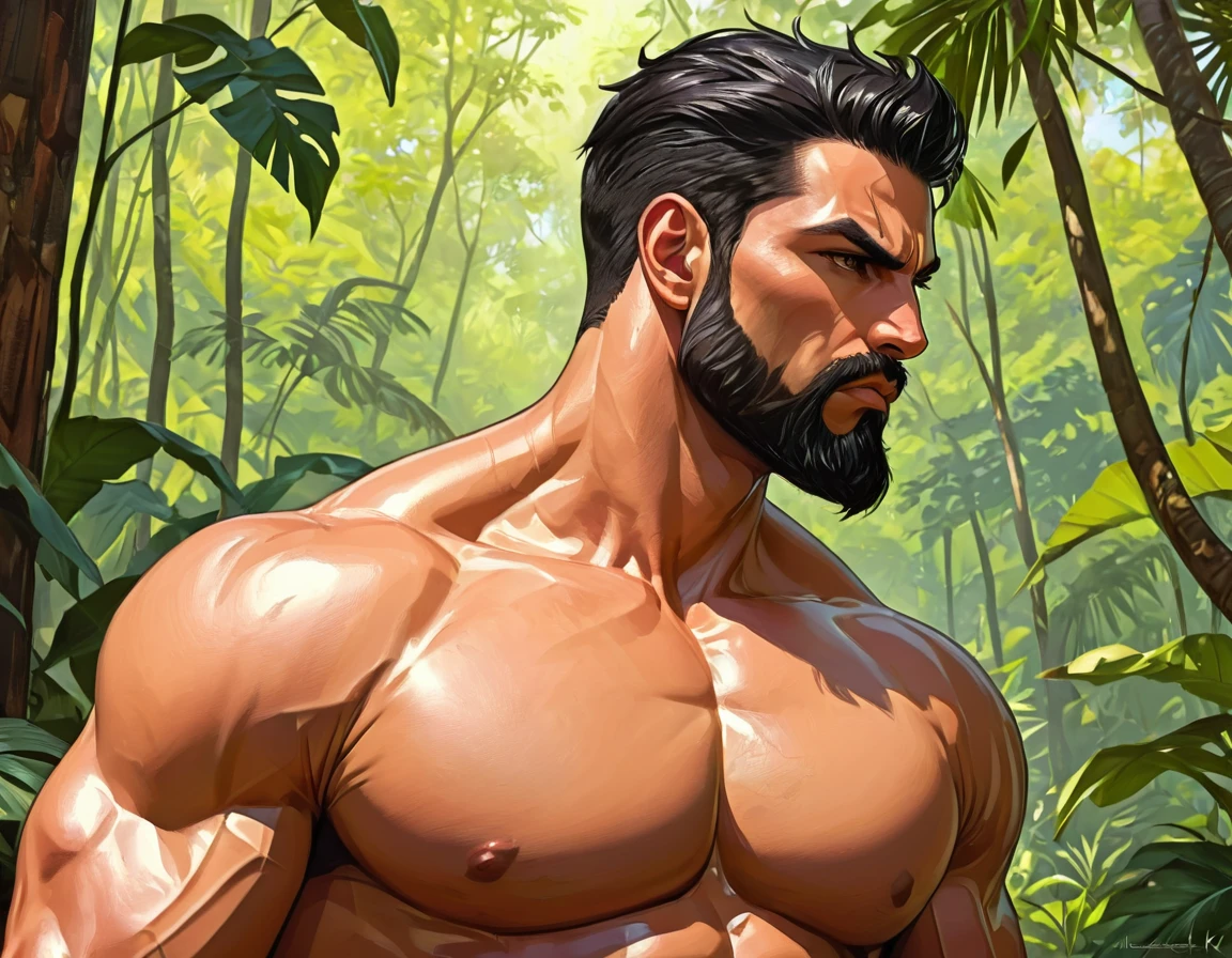 (((side view))),((profile engle)), ((man in profile)), angry, inflamed, against the backdrop of a tropical forest, 
 Adult, Italian, Mesomorph Muscular body, perfect Olive skin, short Muscular neck, Rectangle faces, broad Muscular shoulders, Muscular fitness arms, Attached  Cupped Symmetrical Ears, Low Forehead, black short combed back hair, Fleshy nose, Bold Tapered black Eyebrows, High Angular Symmetrical Prominent Cheekbones, Heart-Shaped Cheeks, triangular Chin, Angular jawline, brown Upturned eyes, Thin nude Lips, Designer Stubble black whiskers, triangular black hair beard, Muscular fitness breast,   big muscles,  
dark novel style,
graphic style of novel comics, perfect hands, 2d,
8k, hyperrealism, masterpiece, high resolution, best quality, ultra-detailed, super realistic, Hyperrealistic art, high-quality, ultra high res, highest detailed, lot of details, Extremely high-resolution details, incredibly lifelike, soft cinematic light,