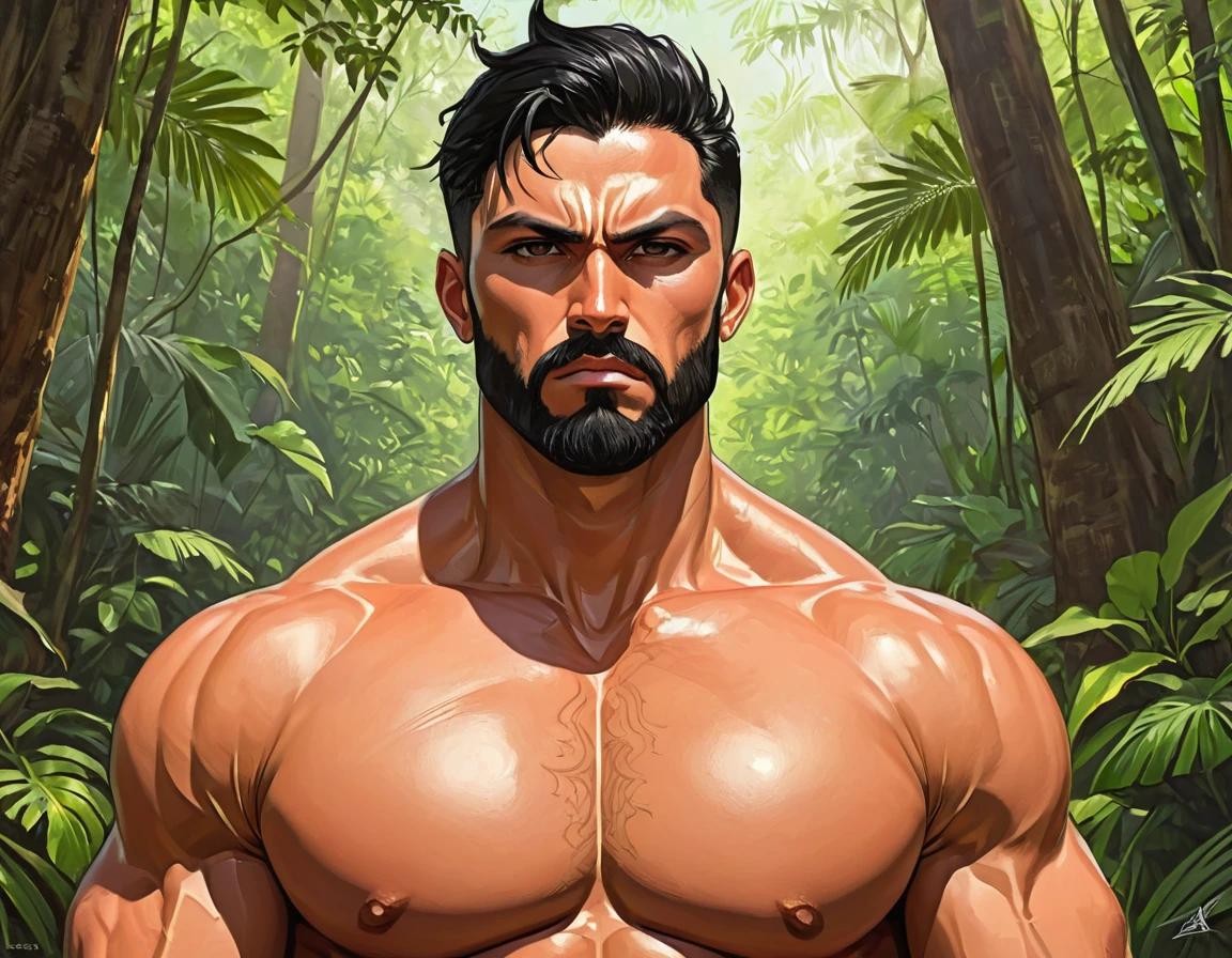 (((side view))),((profile engle)), ((man in profile)), angry, inflamed, against the backdrop of a tropical forest, 
 Adult, Italian, Mesomorph Muscular body, perfect Olive skin, short Muscular neck, Rectangle faces, broad Muscular shoulders, Muscular fitness arms, Attached  Cupped Symmetrical Ears, Low Forehead, black short combed back hair, Fleshy nose, Bold Tapered black Eyebrows, High Angular Symmetrical Prominent Cheekbones, Heart-Shaped Cheeks, triangular Chin, Angular jawline, brown Upturned eyes, Thin nude Lips, Designer Stubble black whiskers, triangular black hair beard, Muscular fitness breast,   big muscles,  
dark novel style,
graphic style of novel comics, perfect hands, 2d,
8k, hyperrealism, masterpiece, high resolution, best quality, ultra-detailed, super realistic, Hyperrealistic art, high-quality, ultra high res, highest detailed, lot of details, Extremely high-resolution details, incredibly lifelike, soft cinematic light,