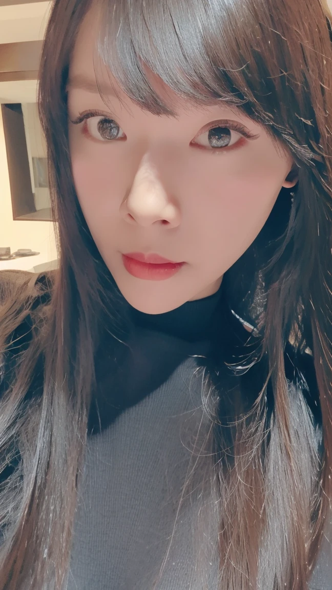 masterpiece, highest quality, Super detailed, Facing the camera, Super detailed, Realistic, Sharp features, Very detailed, Sharp focus, Perfect Face, Perfect Face, Perfect symmetrical perfect eyes, Perfect Plump Lips, Flexible female form, cinematic, Film Light, Super detailed, hyper Realistic, masterpiece, Atmospheric, High resolution, Vibrant, Dynamic Studio Lighting, ((Dark Background)), The expression when enduring pleasure, Straight bangs, Blue eyes,Black sweater, Cowboy Shot,turtleneck、first round、Sexually aroused expression