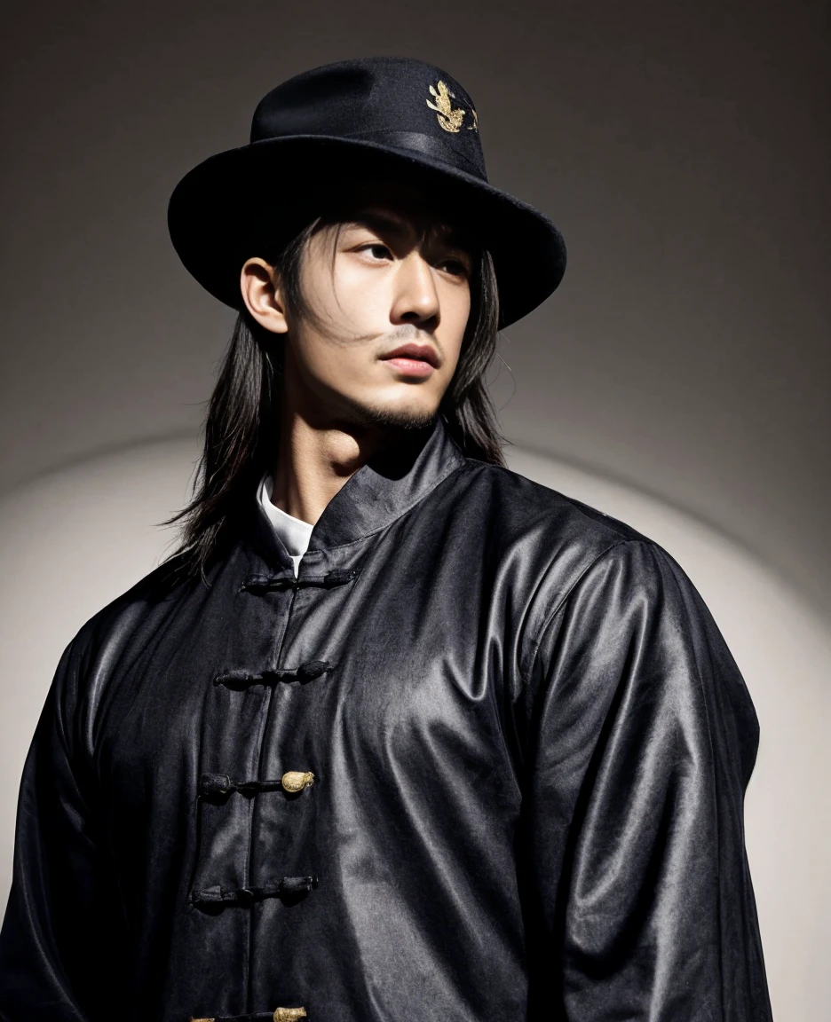 Emperor of China, Black Hat, Beardless, About 30 years old, Relatively large face, A simple, plain brown silk official uniform, Texture of light-colored dragon embroidered with openwork on clothes, realistic face close-up, Character Photo, Simple plain background, Zhou Haoguang, Background light, Tyndall Light