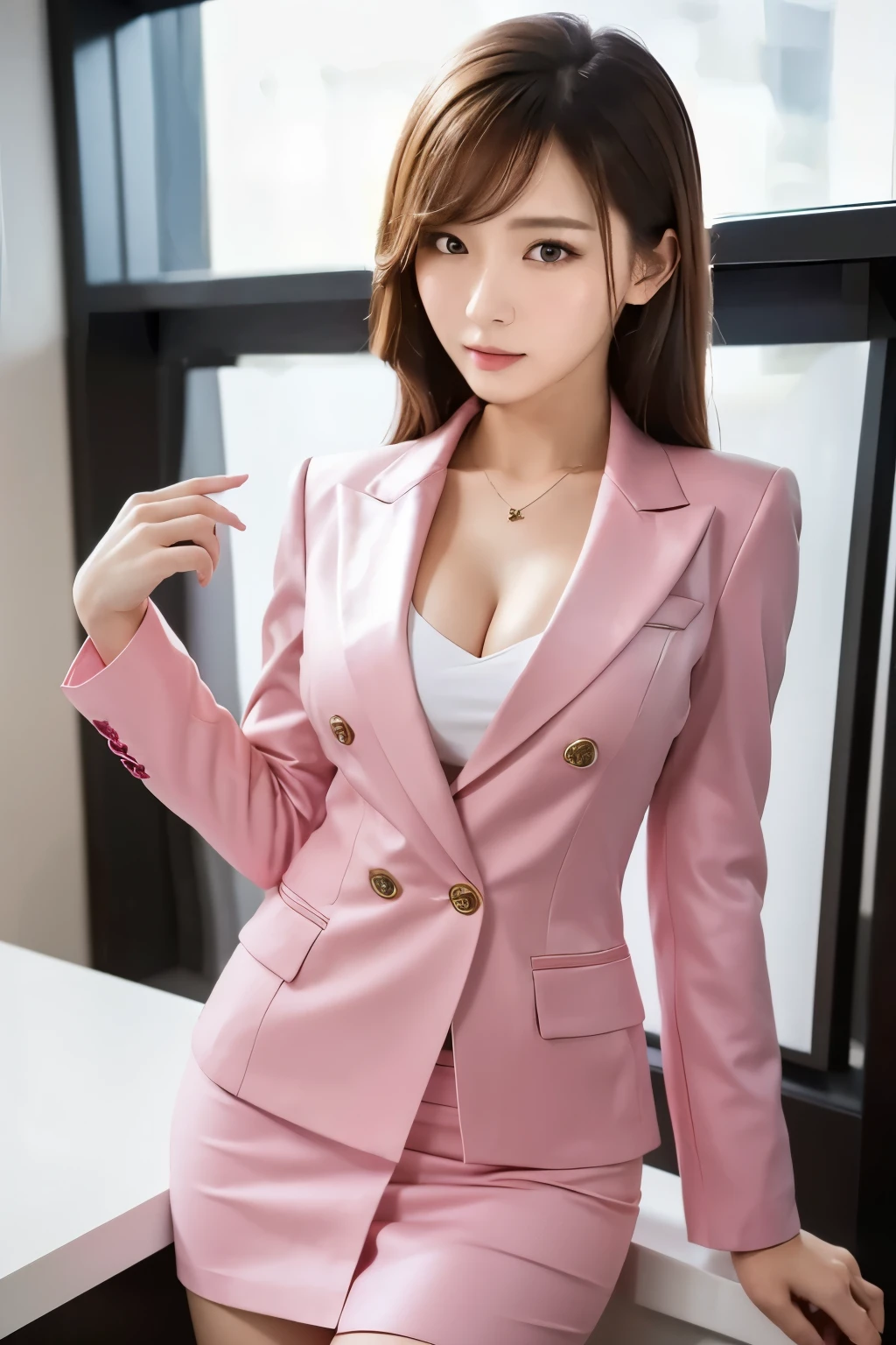 masterpiece、Highest quality、High resolution、Realistic、Beautiful Skin、Slim style、Small breasts、Full Body Shot、formal,pink、 business suit、Double breasted blazer、Leather Tight Skirt、 (Detailed clothing features)、