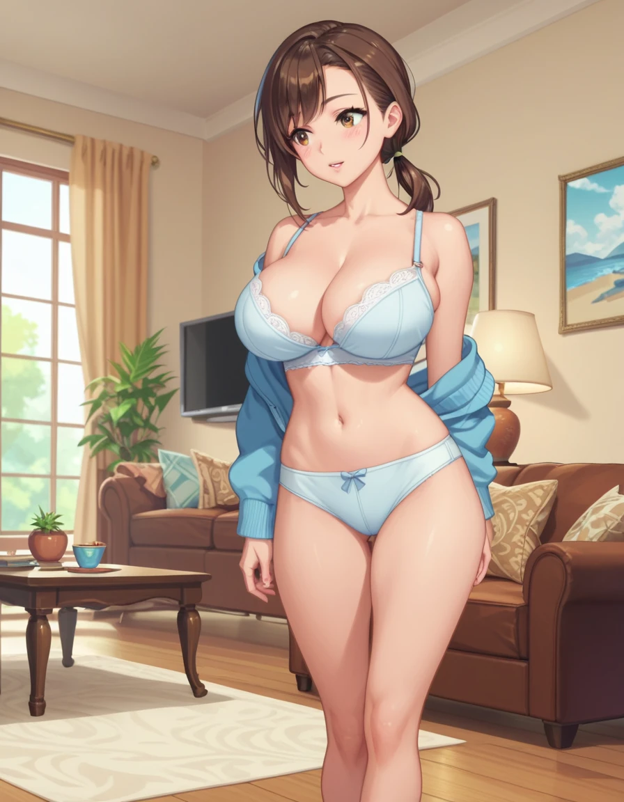 score_7_up, score_6_up, best quality, anime screencap, 1female, brown hair, side ponytail, low ponytail, big breasts, standing, living room