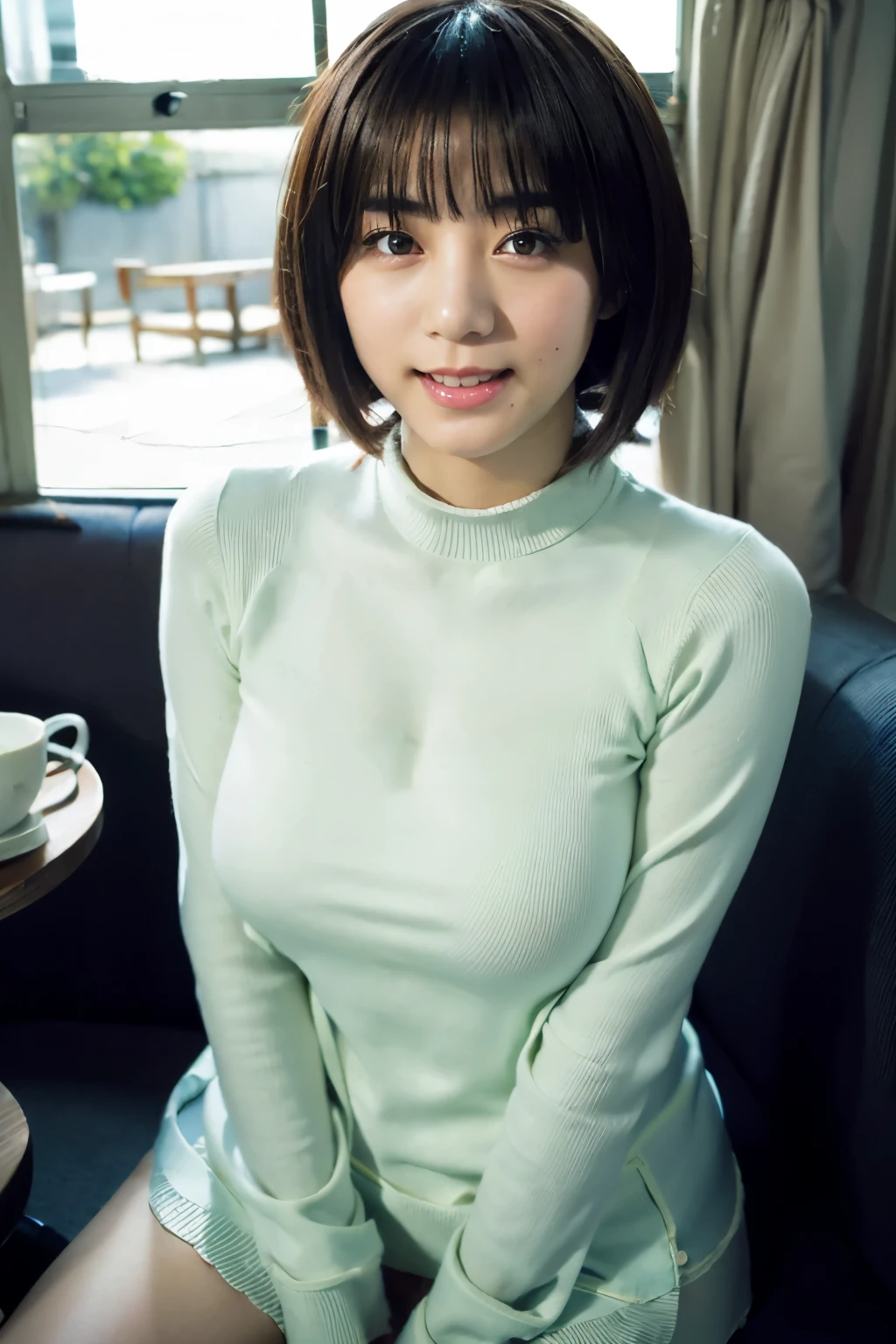 ((Highest quality)), (detailed), 1 Japanese、Young Girl、Browsing Caution, sexy、sitting in cafe, (skin-tight knit:1.4), short hair, Clothed Big Tits, Symmetrical eyes, makeup, (smile:0.8), photorealistic