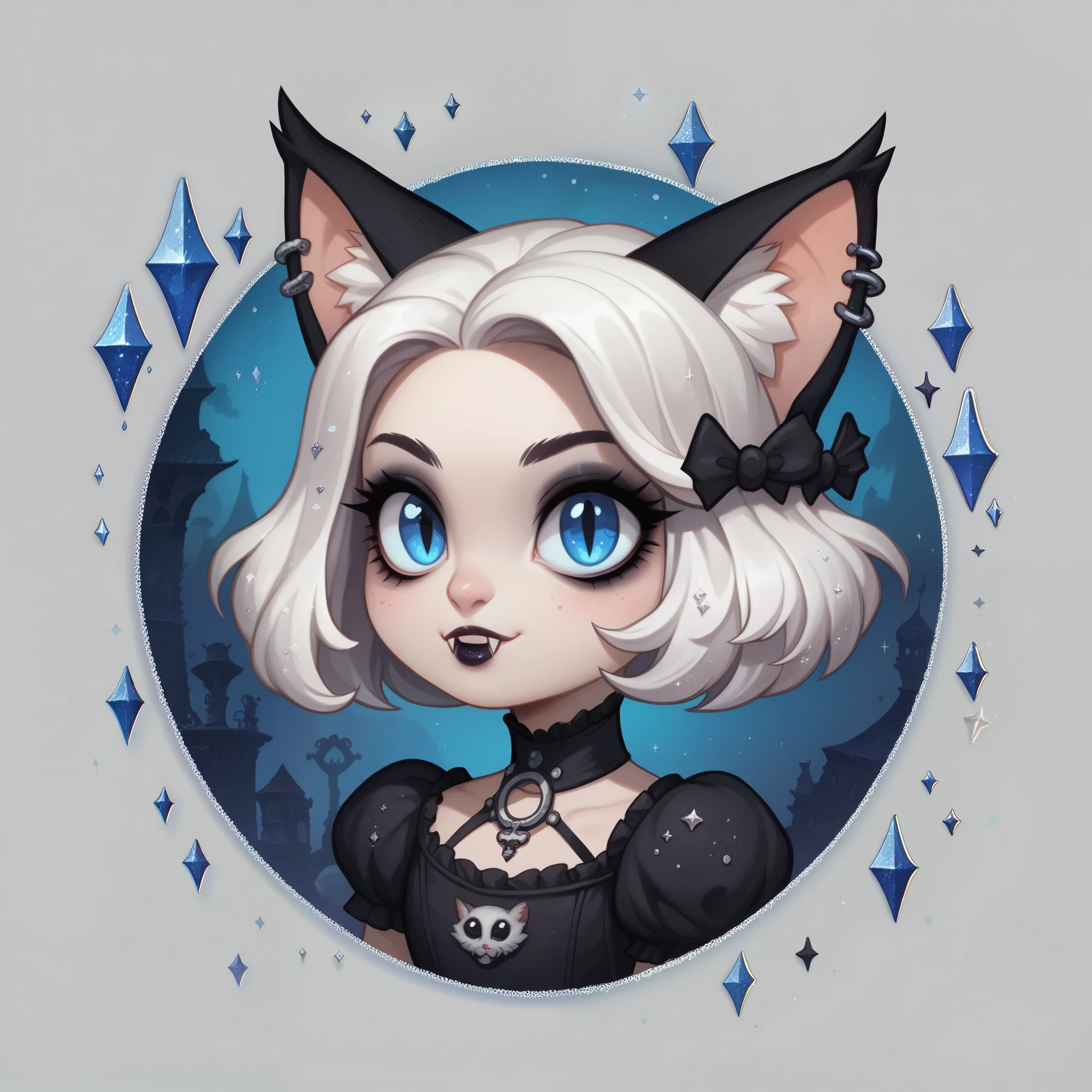 score_9,score_8_up,score_7_up,score_6_up, cute Vampire cat, white mane, blue eyes, Goth fashion, gothic scene, glitter, whimsical, enchanted, magical, fantasy art concept, intricate details,