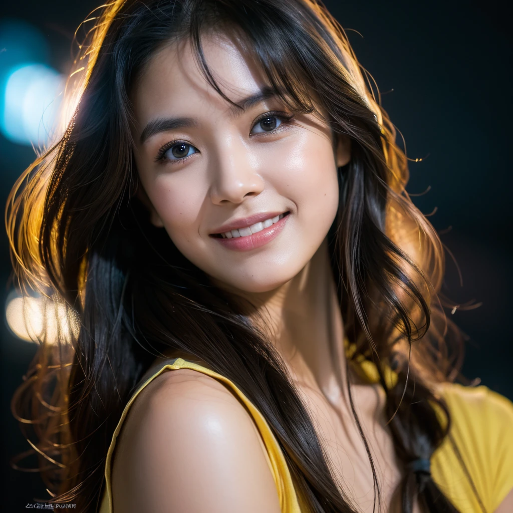 highest quality, epic realistic, ((in the pitch black darkness :1.4)), ((portrait:1.5)),(background: dark ) high contrast ,glorious picture, lowest lux, lighting face, she's comfortable, wearing nothing, , looks incredible, (8k, Raw photo, Highest quality),(epic realistic:1.5), a woman, face,(detailed eyes:0.8),(looking at the camera:1.4), (Highest quality), ( high contrast, deep shadows),Intricate details,cinematic,((skin:1.4)), (long dark hair:1.3), long hair, messy ,(Hdr:1.5),Detailed, colors, Superior quality, Masterpiece, Raw Photo (20-year-old, looking at viewer), beautiful, (wearing plain yellow shirt,), perfect, natural, perfect composition, portrait, perfect face, smiling expression, Captivating eyes, Bright details, Tight lips, (High Skin Detail),, (blue tint: 0.6), (sale: 0.8), (bloody: 0.7), Key lighting , (backlight: 0.5), Medium depth of field, Canon 5d, 50mm lens, f/4 apertures, (Ultra-detailed, Complex detail), sharp focus, soft colors, 8k, Absurd, 80mm, bokeh background, photography, smiling, pinay, filipina, large , neon lights background, bokeh