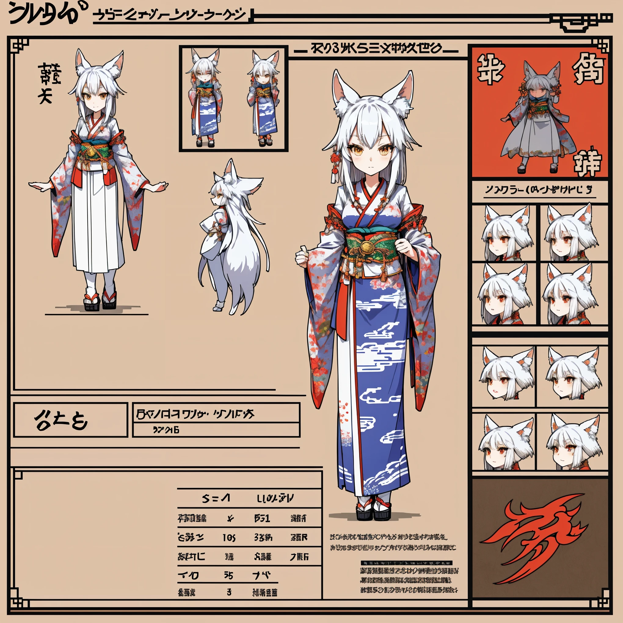 Character Sheet, A graceful wild fox girl with mostly silver hair, Japanese Shrine Maiden Costume, variation, Highest quality, pixel