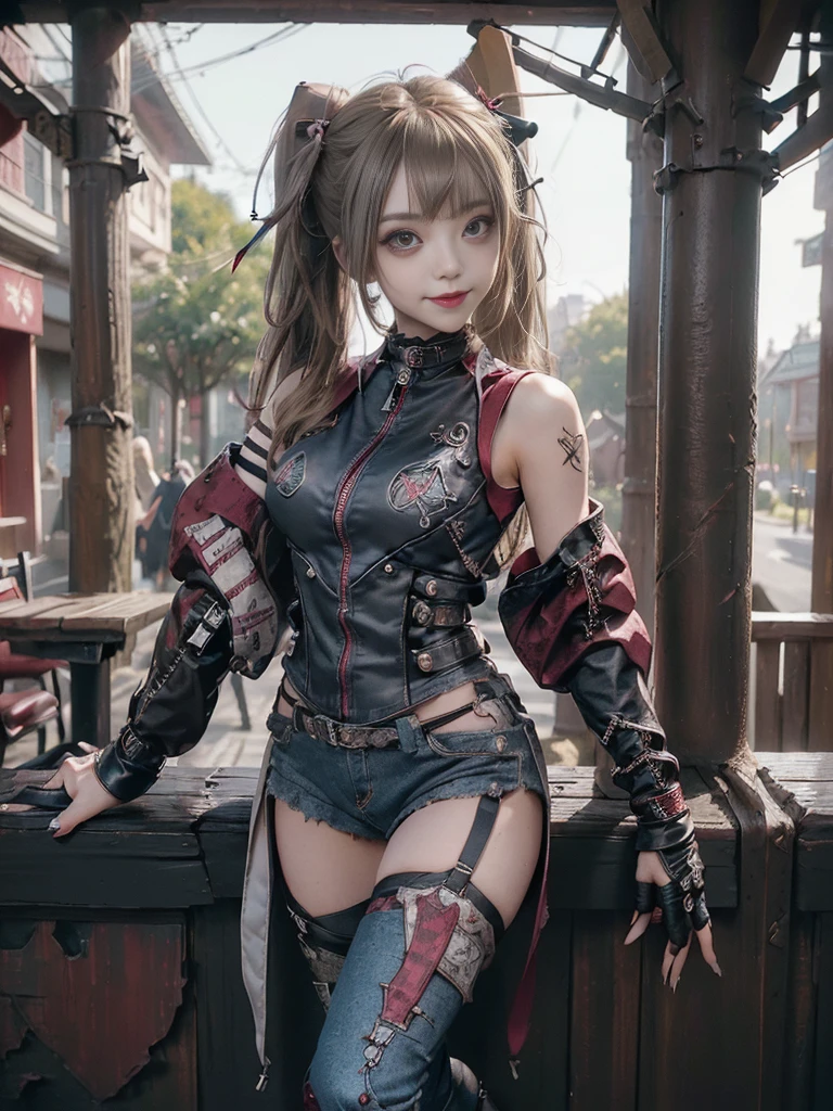 (Full body:1.4)、(Full Body View:1.4)、(Side view:1.1)、(Smiling with teeth showing:1.3),(Shibuya Gal:1.5)、(Beautiful:1.5)、(Punk RockVisual Kei:1.4)、(Burgundy denim with khaki and brown medieval tattered zip up:1.5)、(Wine red arm covers and tattered bugle pants:1.5)、(Wine red high heels:1.3)、(Wearing silver accessories:1.5)、(Dark brown collar:1.4)、(Leather garter belt:1.4)、(Red skin belt:1.3)、(Red lace underwear:1.5)、30 years old、NSFW、((Highest quality、In 8K、masterpiece:1.3))、Sharp focus:1.2、(Layered Cut、Huge boobs:1.1),Beautiful woman with perfect figure:1.4、(Doing an aerobics pose:1.3)、Slender Abs:1.2、Highly detailed face and skin texture、Detailed eyes、double eyelid,(Twin tails:1.3)、(Brown-golden hair:1.3)、Gravure idol、(A fairytale-like cafe with a lush tree background:1.3)、(Slim Body:1.3),(Make your legs thinner:1.4),(Thin, thin thighs:1.3)、(clavicle:1.1)
