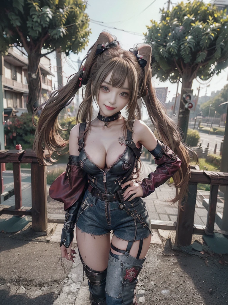 (Full body:1.4)、(Full Body View:1.4)、(Side view:1.1)、(Smiling with teeth showing:1.3),(Shibuya Gal:1.5)、(Beautiful:1.5)、(Punk RockVisual Kei:1.4)、(Burgundy denim with khaki and brown medieval tattered zip up:1.5)、(Wine red arm covers and tattered bugle pants:1.5)、(Wine red high heels:1.3)、(Wearing silver accessories:1.5)、(Dark brown collar:1.4)、(Leather garter belt:1.4)、(Red skin belt:1.3)、(Red lace underwear:1.5)、30 years old、NSFW、((Highest quality、In 8K、masterpiece:1.3))、Sharp focus:1.2、(Layered Cut、Huge boobs:1.1),Beautiful woman with perfect figure:1.4、(Doing an aerobics pose:1.3)、Slender Abs:1.2、Highly detailed face and skin texture、Detailed eyes、double eyelid,(Twin tails:1.3)、(Brown-golden hair:1.3)、Gravure idol、(A fairytale-like cafe with a lush tree background:1.3)、(Slim Body:1.3),(Make your legs thinner:1.4),(Thin, thin thighs:1.3)、（clavicle:1.1）